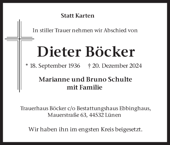 Traueranzeige von Dieter Böcker von Lüner Anzeiger