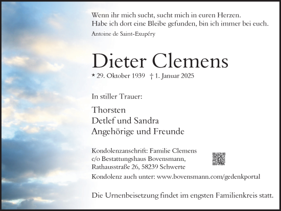 Traueranzeige von Dieter Clemens von Ruhr Nachrichten