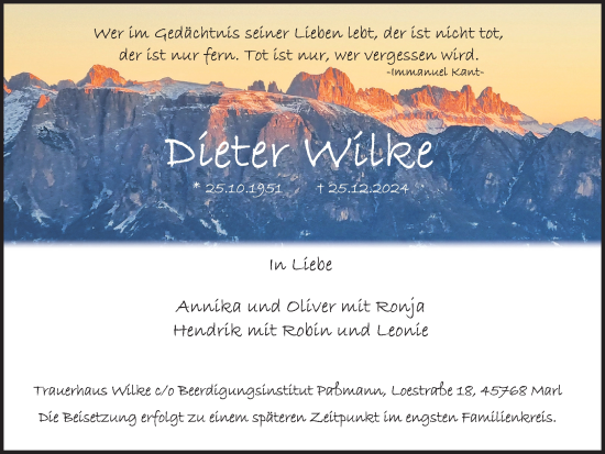 Traueranzeige von Dieter Wilke von Trauer Vest