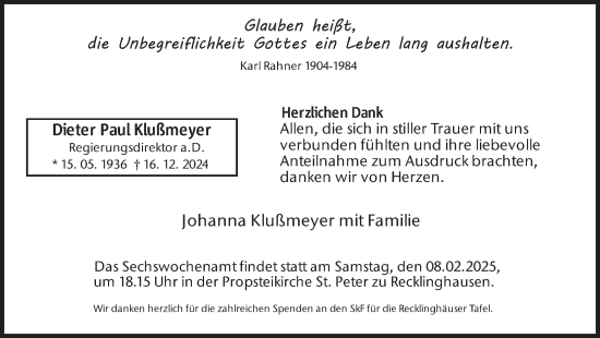 Traueranzeige von Dieter Paul Klußmeyer von Trauer Vest