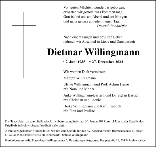 Traueranzeige von Dietmar Willingmann von Hellweger Anzeiger