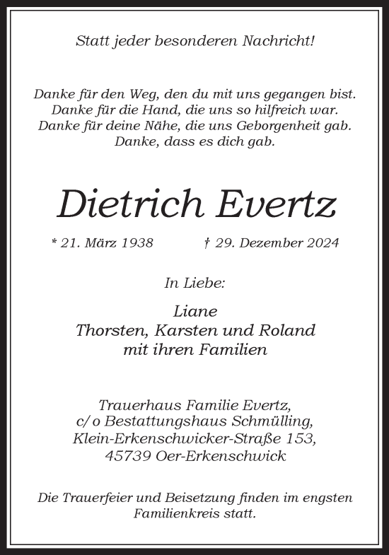 Traueranzeige von Dietrich Evertz von Trauer Vest