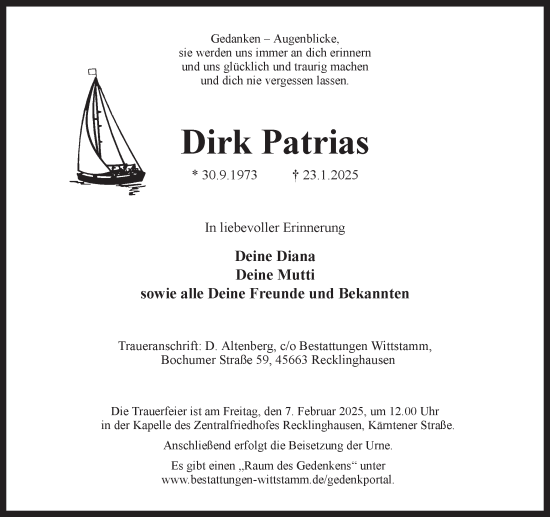 Traueranzeige von Dirk Patrias von Trauer Vest