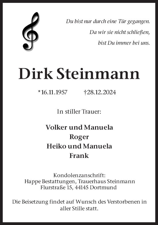 Traueranzeige von Dirk Steinmann von Ruhr Nachrichten