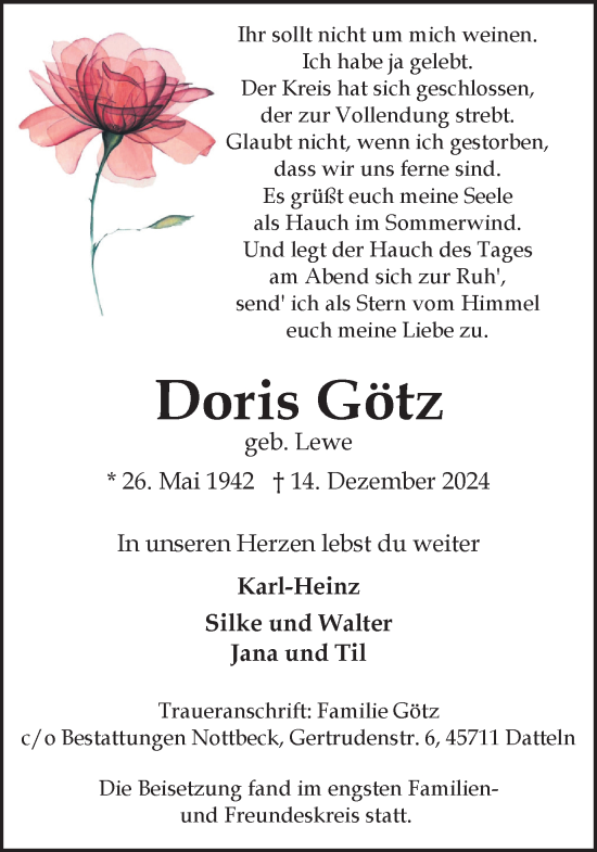 Traueranzeige von Doris Götz von Trauer Vest