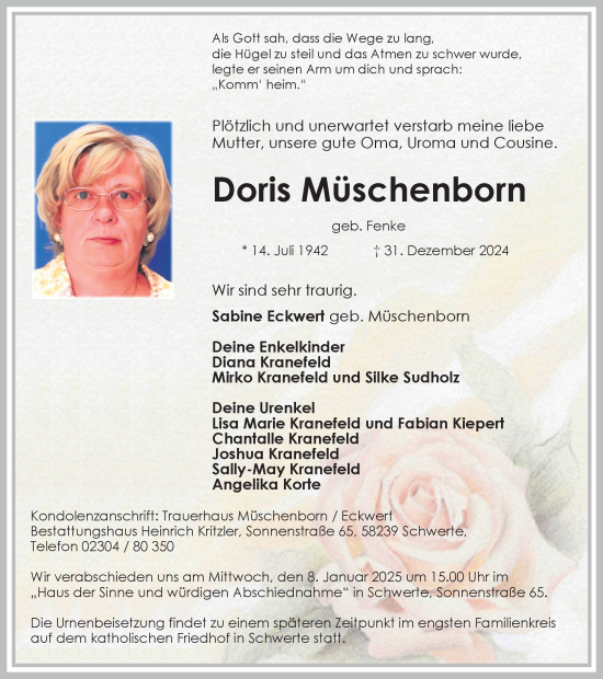 Traueranzeige von Doris Müschenborn von Ruhr Nachrichten