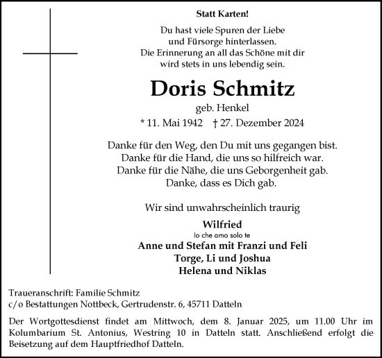 Traueranzeige von Doris Schmitz von Trauer Vest