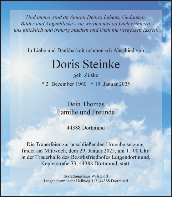 Traueranzeige von Doris Steinke von Ruhr Nachrichten