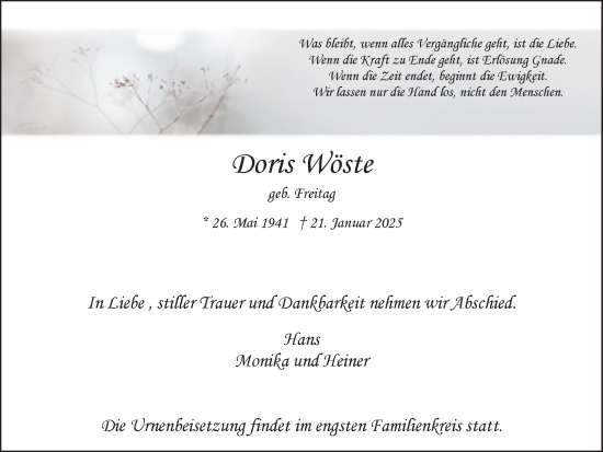 Traueranzeige von Doris Wöste von Ruhr Nachrichten