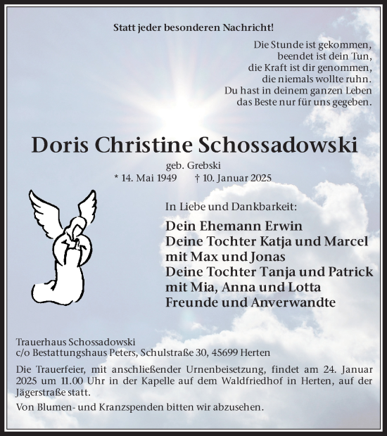 Traueranzeige von Doris Christine Schossadowski von Trauer Vest