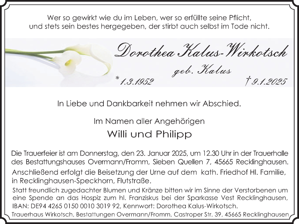  Traueranzeige für Dorothea Kalus-Wirkotsch vom 18.01.2025 aus Trauer Vest
