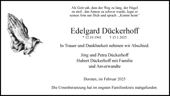 Traueranzeige von Edelgard Dückerhoff von Ruhr Nachrichten und Dorstener Zeitung