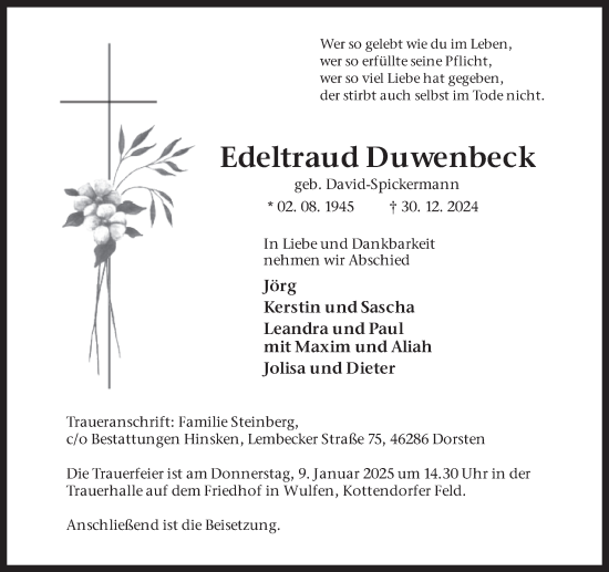 Traueranzeige von Edeltraud Duwenbeck von Ruhr Nachrichten und Dorstener Zeitung