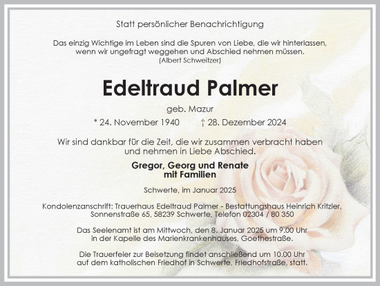 Traueranzeige von Edeltraud Palmer von Ruhr Nachrichten