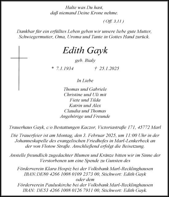 Traueranzeige von Edith Gayk von Trauer Vest