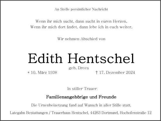 Traueranzeige von Edith Hentschel von Ruhr Nachrichten