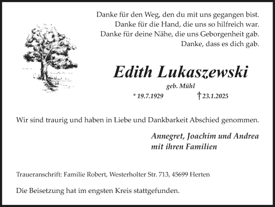 Traueranzeige von Edith Lukaszewski von Trauer Vest