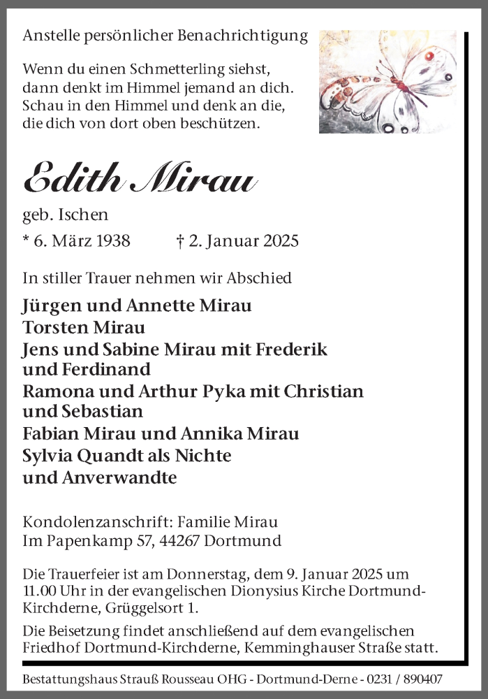  Traueranzeige für Edith Mirau vom 08.01.2025 aus Ruhr Nachrichten