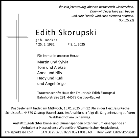 Traueranzeige von Edith Skorupski von Ruhr Nachrichten