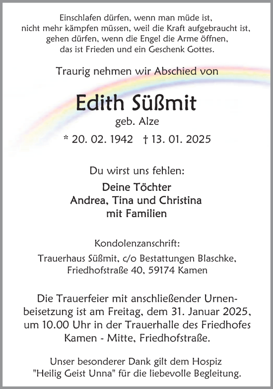 Traueranzeige von Edith Süßmit von Hellweger Anzeiger