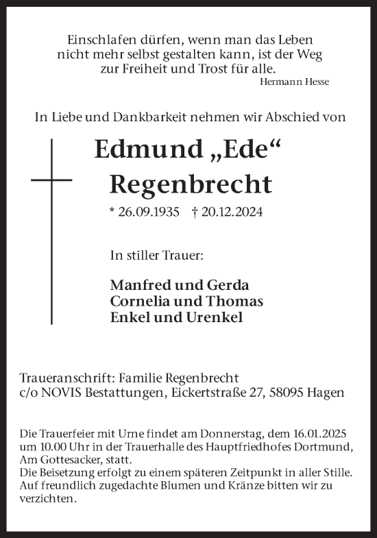 Traueranzeige von Edmund Regenbrecht von Ruhr Nachrichten