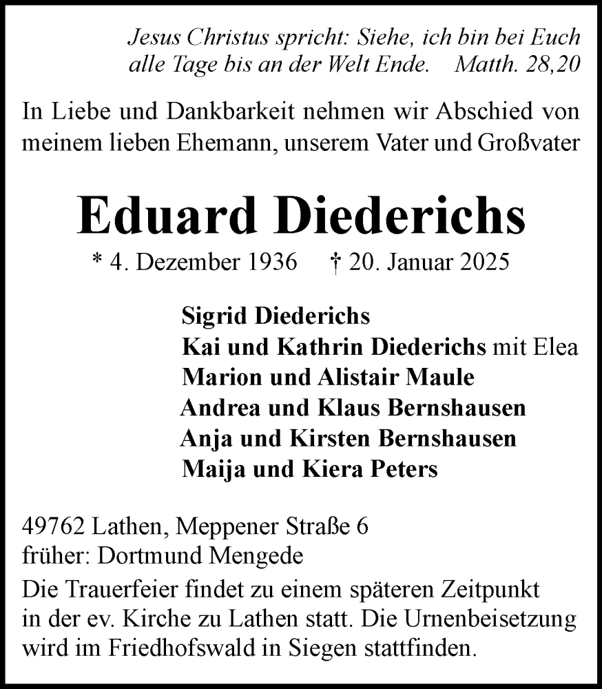  Traueranzeige für Eduard Diederichs vom 25.01.2025 aus Ruhr Nachrichten