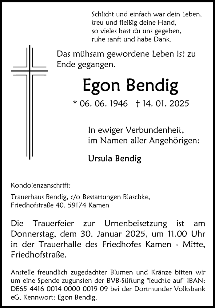  Traueranzeige für Egon Bendig vom 25.01.2025 aus Hellweger Anzeiger