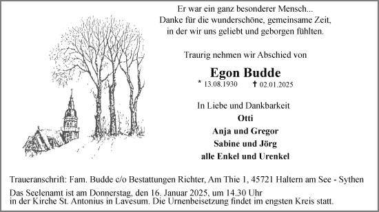 Traueranzeige von Egon Budde von Ruhr Nachrichten und Halterner Zeitung