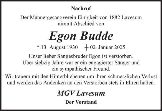 Traueranzeige von Egon Budde von Ruhr Nachrichten und Halterner Zeitung