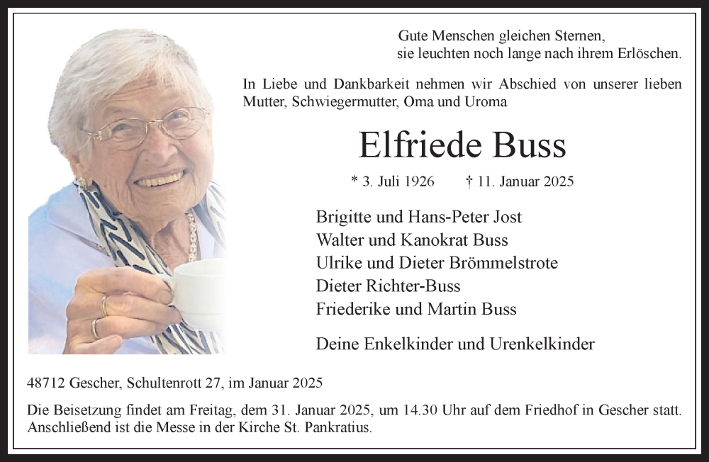  Traueranzeige für Elfriede Buss vom 25.01.2025 aus 