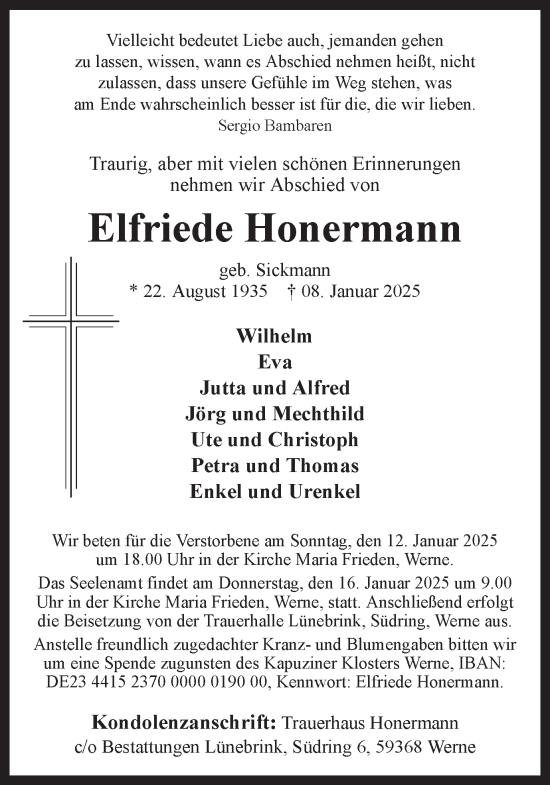 Traueranzeige von Elfriede Honermann von Ruhr Nachrichten