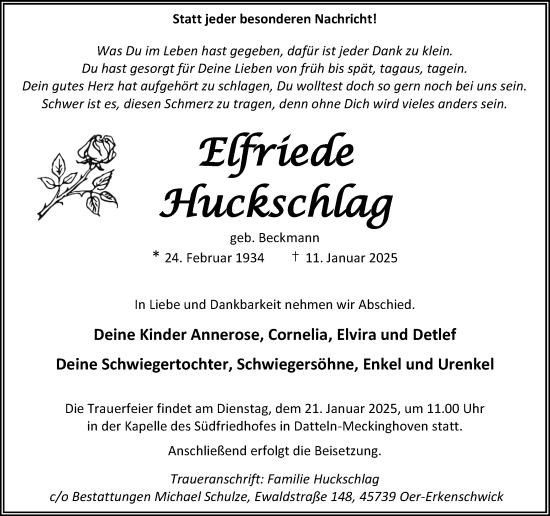 Traueranzeige von Elfriede Huckschlag von Trauer Vest