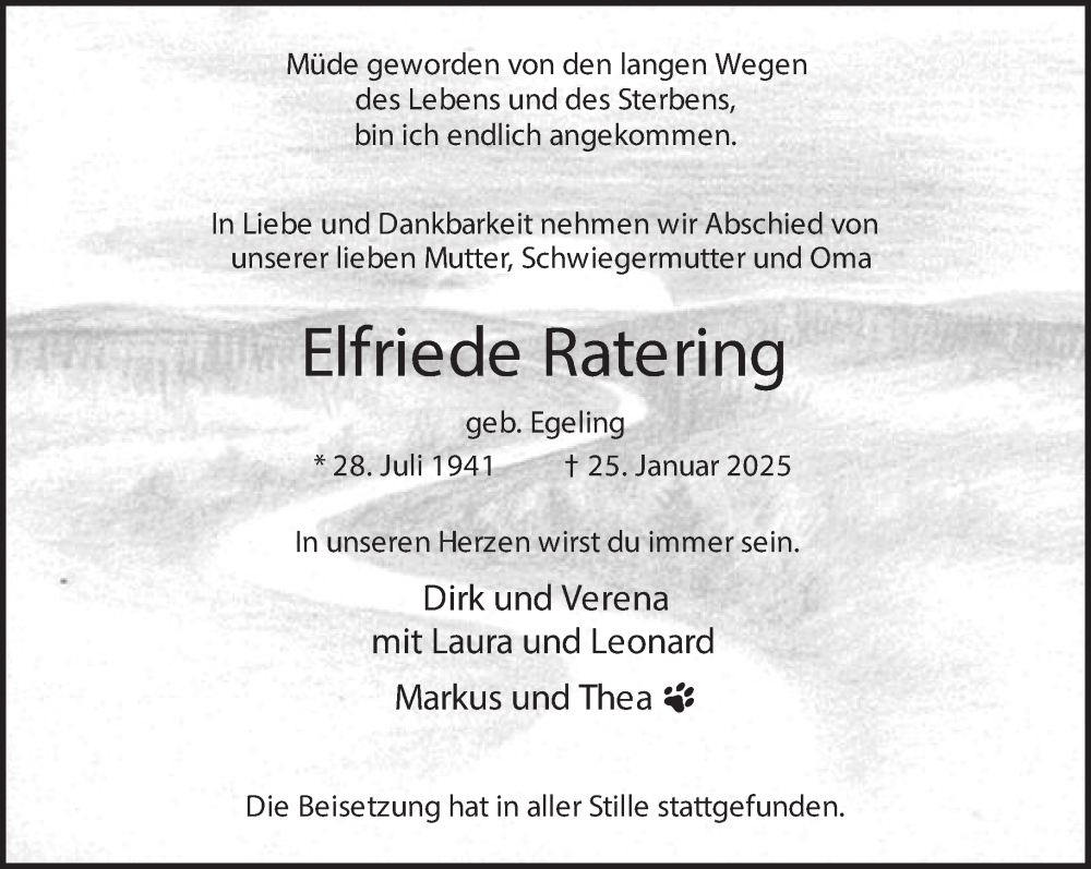  Traueranzeige für Elfriede Ratering vom 01.02.2025 aus 