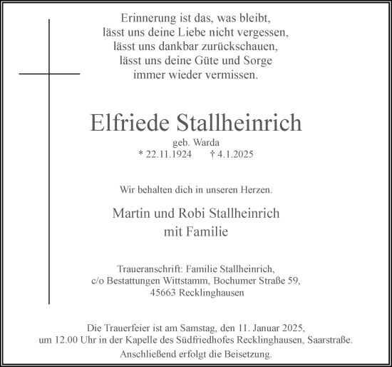 Traueranzeige von Elfriede Stallheinrich von Trauer Vest