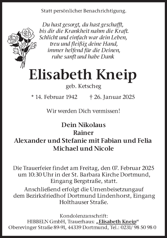 Traueranzeige von Elisabeth Kneip von Ruhr Nachrichten