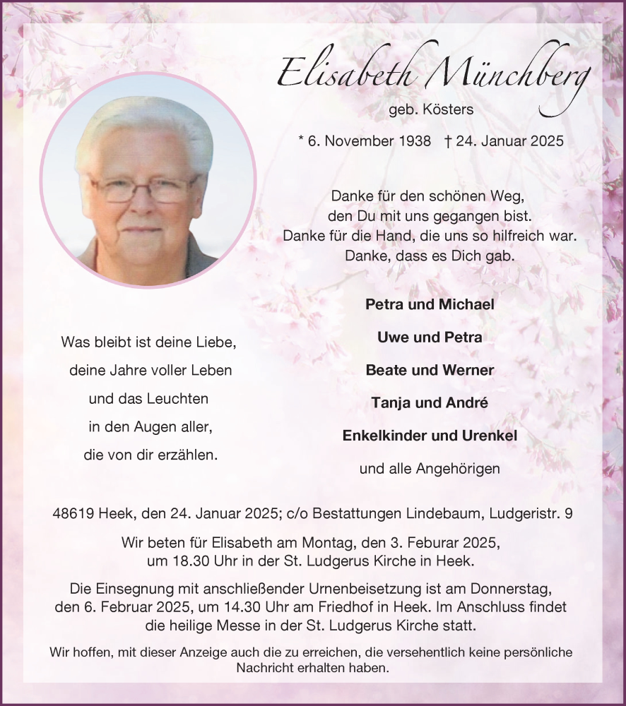  Traueranzeige für Elisabeth Münchberg vom 01.02.2025 aus Münsterland Zeitung