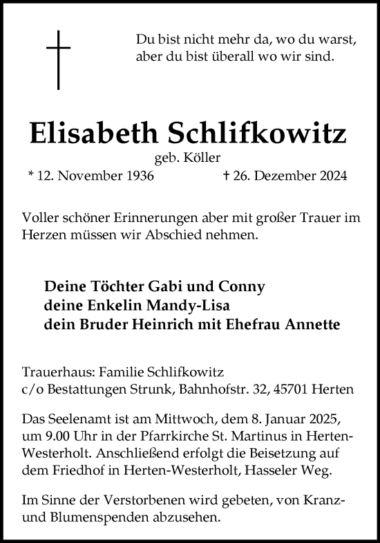 Traueranzeige von Elisabeth Schlifkowitz von Trauer Vest