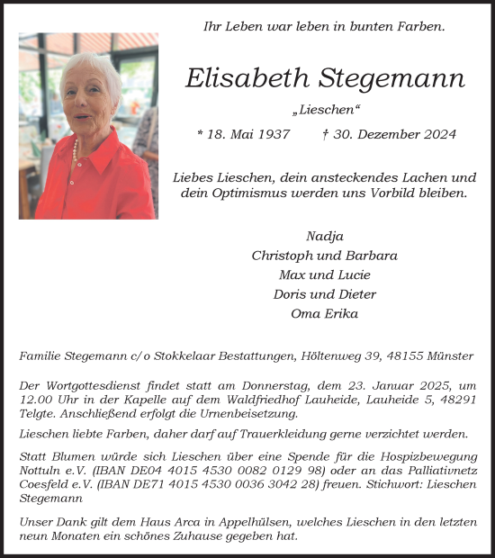 Traueranzeige von Elisabeth Stegemann von Trauer Vest