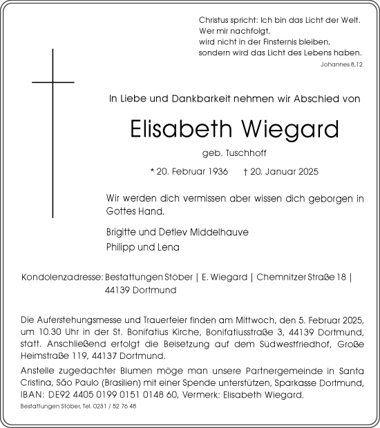Traueranzeige von Elisabeth Wiegard von Ruhr Nachrichten