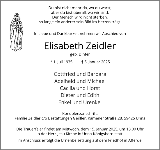 Traueranzeige von Elisabeth Zeidler von Hellweger Anzeiger