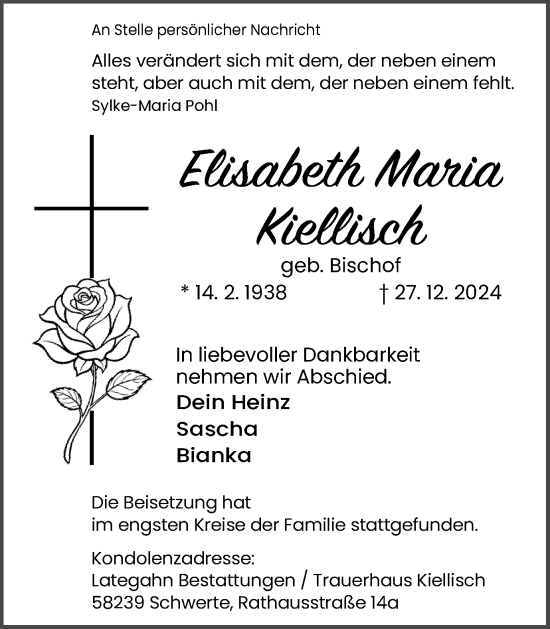 Traueranzeige von Elisabeth Maria Kiellisch von Ruhr Nachrichten