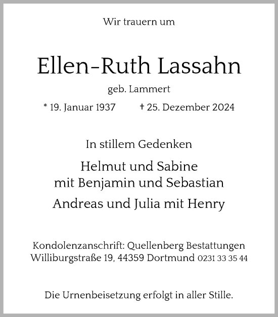 Traueranzeige von Ellen-Ruth Lassahn von Ruhr Nachrichten