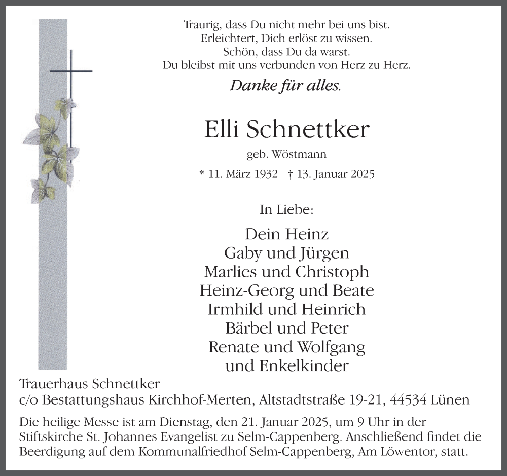  Traueranzeige für Elli Schnettker vom 18.01.2025 aus Ruhr Nachrichten