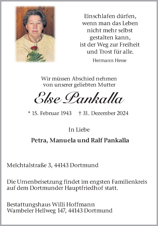 Traueranzeige von Else Pankalla von Ruhr Nachrichten
