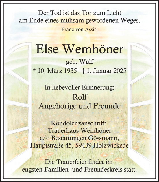 Traueranzeige von Else Wemhöner von Hellweger Anzeiger
