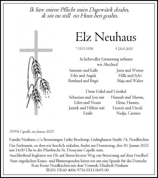 Traueranzeige von Elz Neuhaus von Ruhr Nachrichten
