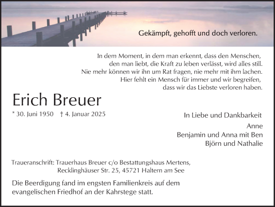 Traueranzeige von Erich Breuer von Ruhr Nachrichten und Halterner Zeitung