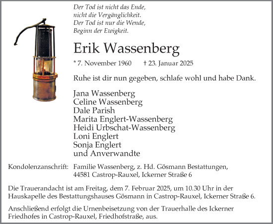 Traueranzeige von Erik Wassenberg von Stadtanzeiger Castrop-Rauxel