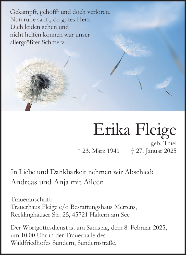  Traueranzeige für Erika Fleige vom 01.02.2025 aus Ruhr Nachrichten und Halterner Zeitung