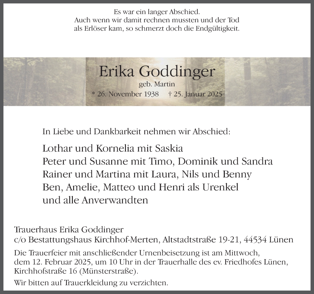 Traueranzeige für Erika Goddinger vom 01.02.2025 aus Lüner Anzeiger